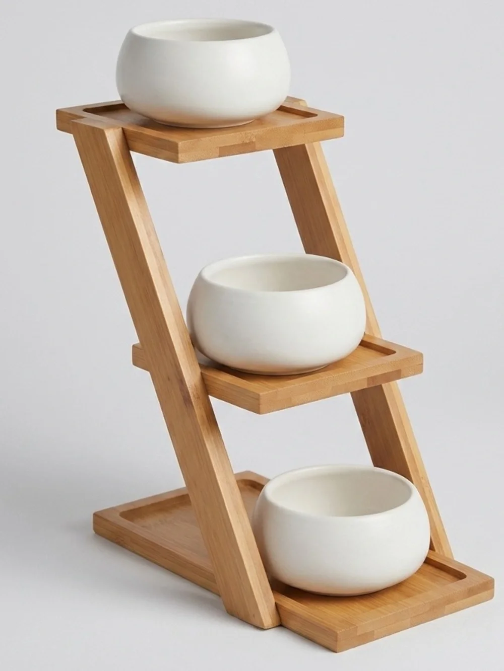 Three Tiered Bamboo Plant Stand with 3 Mini Ceramic Pots Minimalist Hygge Decor